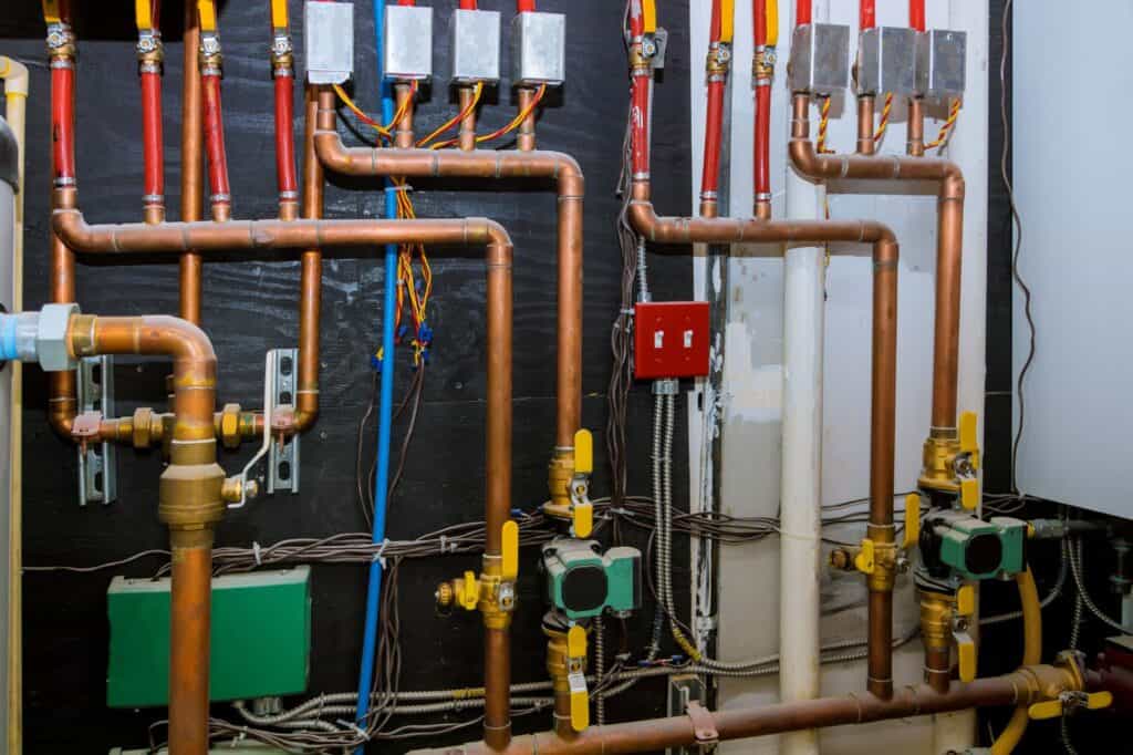 Kompleks VVS-installation med kobberrør og gule ventiler i fyrrum